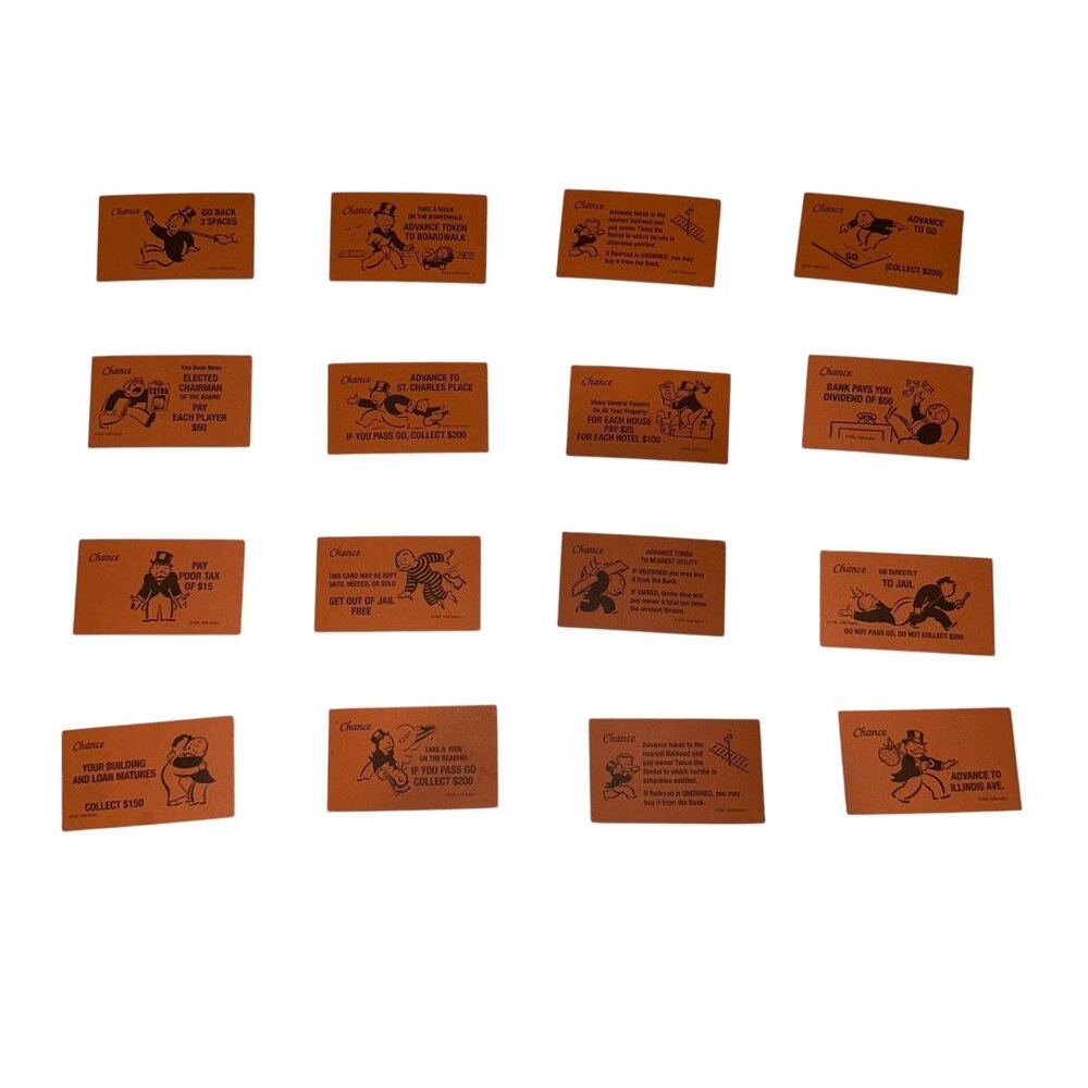 Vintage 1996 Monopoly Chance Cards Complete Set Replacement Parts Orange